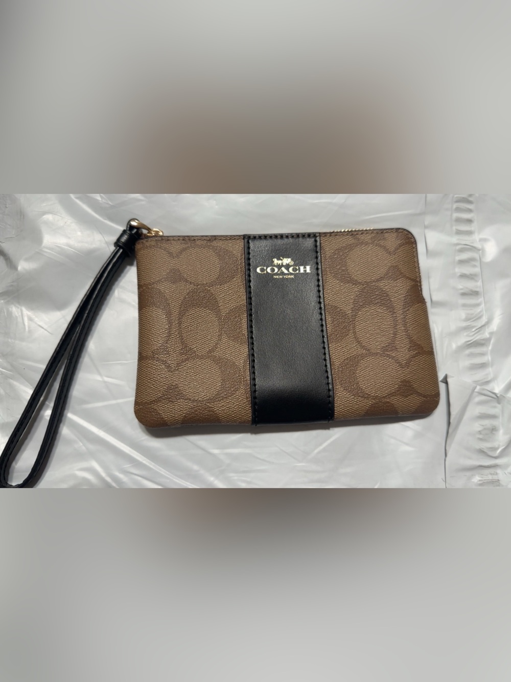 COACH Brown Signature Canvas Wristlet with Black Center Stripe